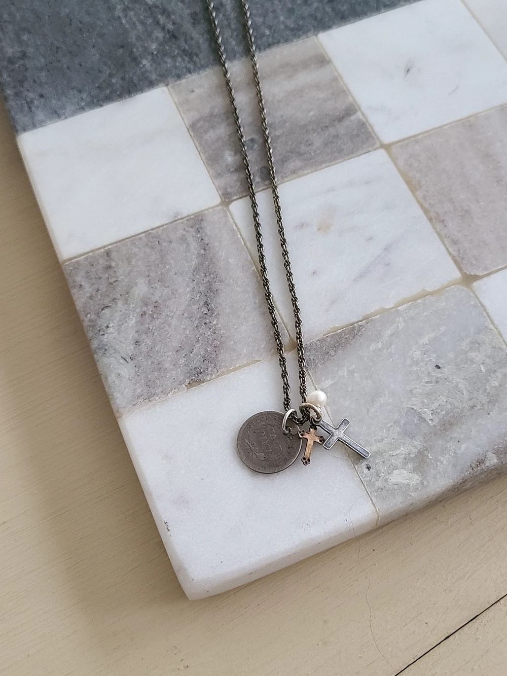 Vintage Cross and Coin Charm Necklace with Pearl Accent